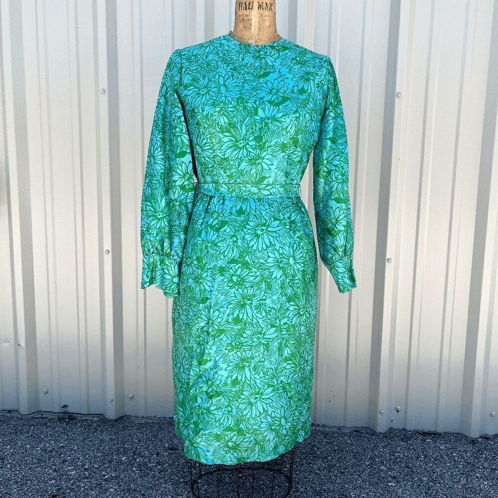 Vintage 1950s–60s Silk Floral Wiggle Dress with Belt – Union Made USA, S/M